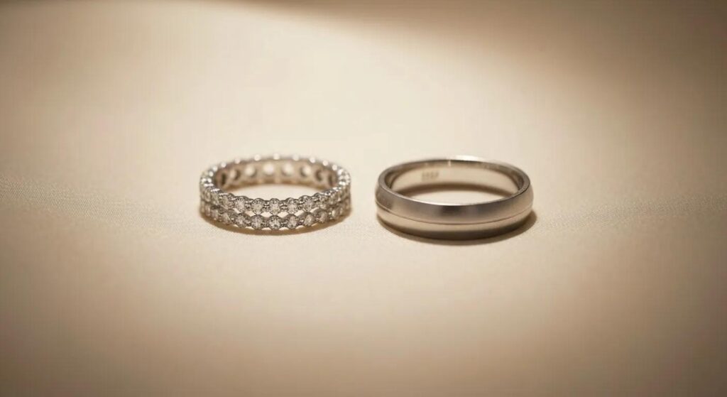 e9c65577-c284-4278-8bba-28f3b06746ed.jpg - Australian Diamond Company Diamond Eternity Wedding Band and Plain Mens Wedding Ring Side by Side