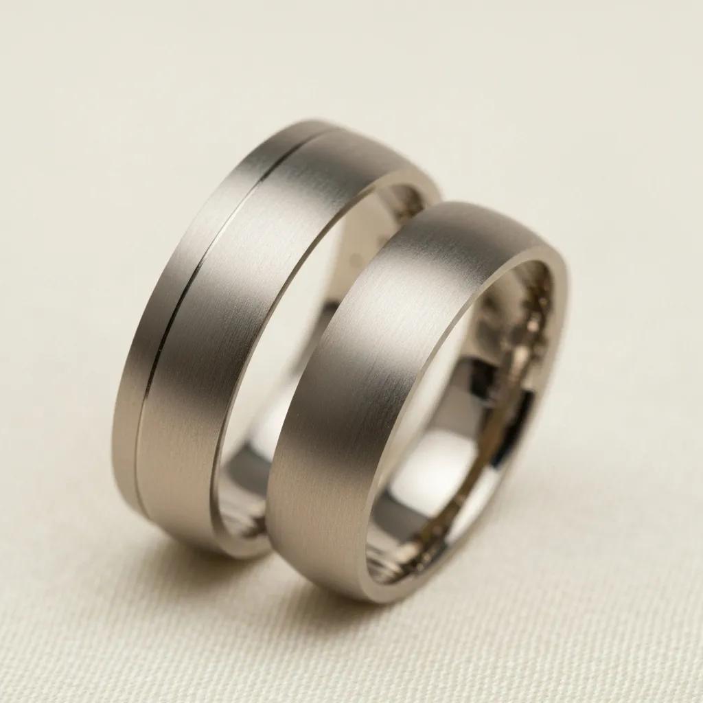 Close up of Hypoallergenic Wedding Bands Made from Platinum and Titanium Highlighting Their Smooth Finishes