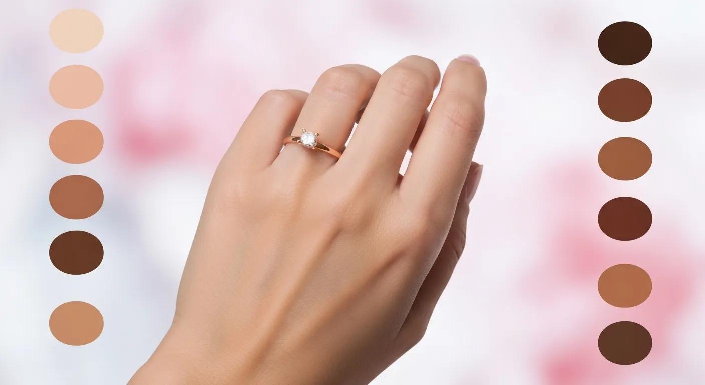 a Hand Adorned with a Rose Gold Engagement Ring Positioned Alongside Various Skin Tone Swatches