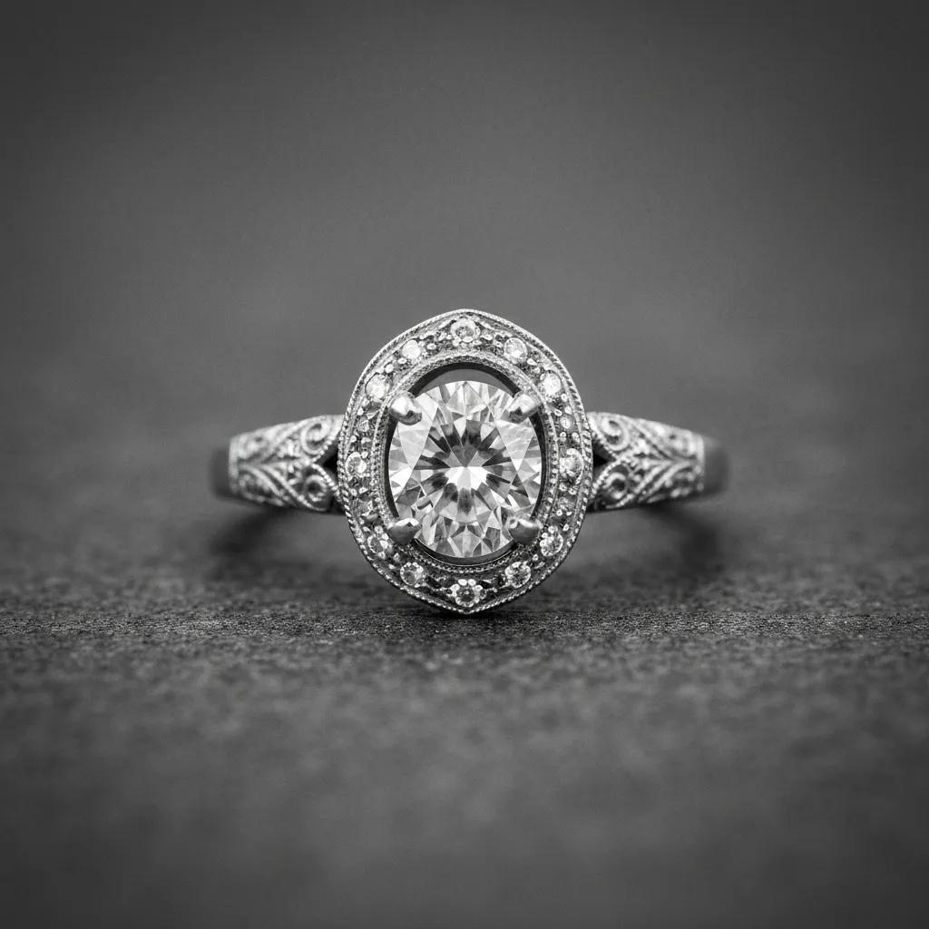 a Vintage Oval Engagement Ring Set in White Gold