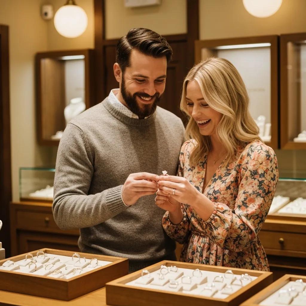 Smiling Couple Trying on Engagement Rings Together Inside a Jewellery Showroom