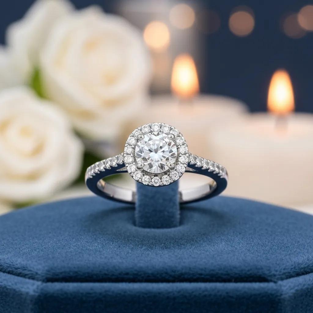 08989723-c679-4c78-8bf4-584716ddc501.jpg - Australian Diamond Company Halo Engagement Ring with Central Diamond and Accent Stones on a Velvet Surface Showcasing Its Brilliance