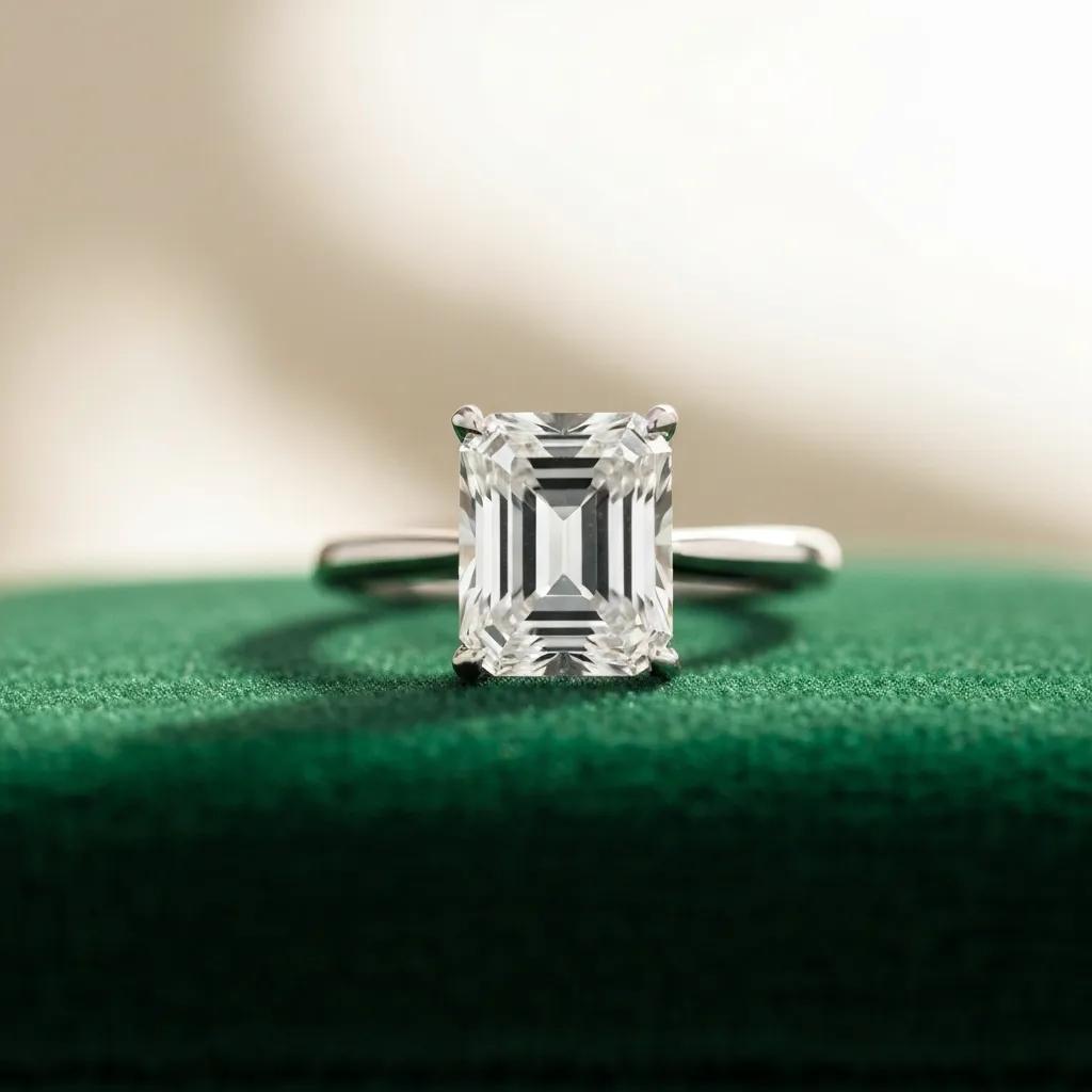 08a807c5-8751-4742-86c9-0e60e6397443.jpg - Australian Diamond Company Emerald Cut Engagement Ring Showcasing Clarity and Elegance on a Velvet Surface