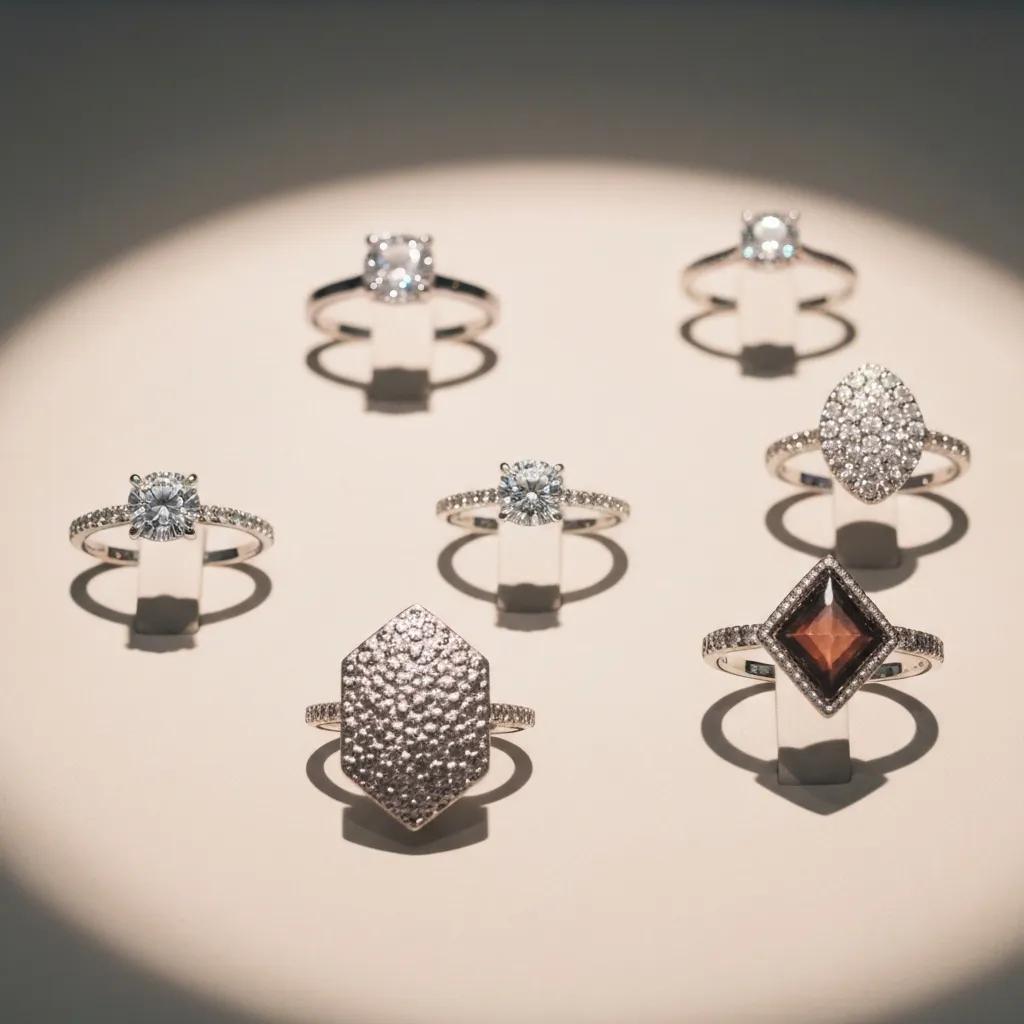 09651fc8-57fe-420f-b130-ff8e3bace449.jpg - Australian Diamond Company Collection of Diamond and Gemstone Rings in Various Shapes and Styles Displayed Under Spotlight