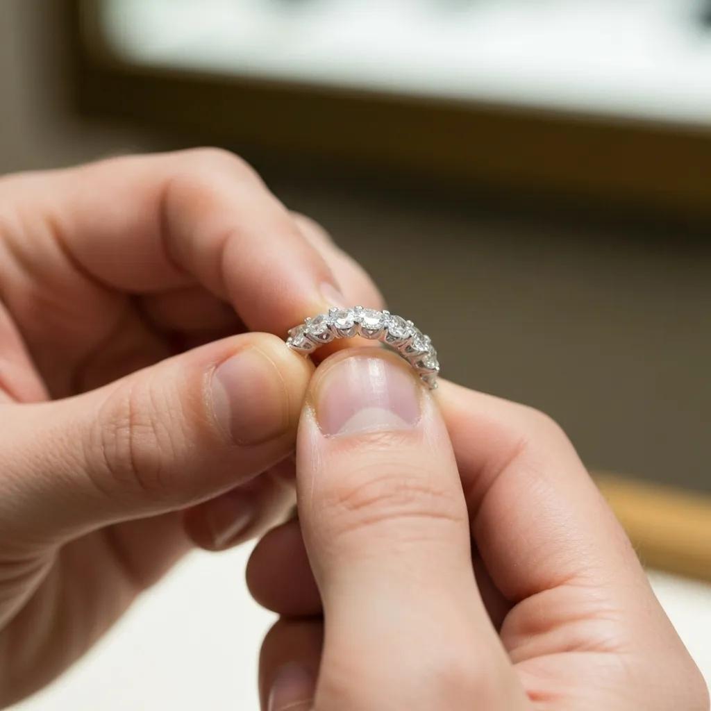 Jeweler Selecting a Diamond Eternity Ring Highlighting Craftsmanship and Luxury