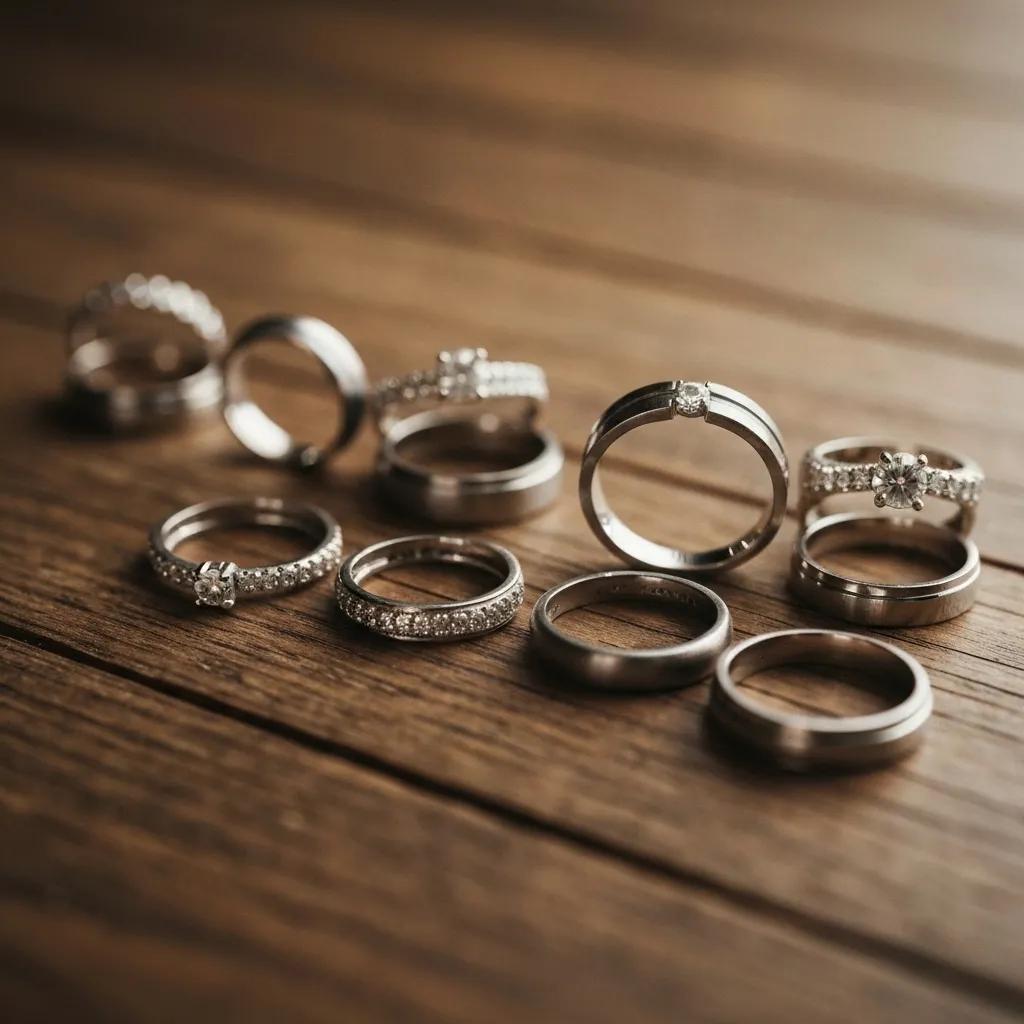 1989dfb3-ba0a-4377-8c85-98688ba2393b.jpg - Australian Diamond Company Variety of Traditional Wedding Bands Displayed on Rustic Wood Highlighting Different Styles and Craftsmanship