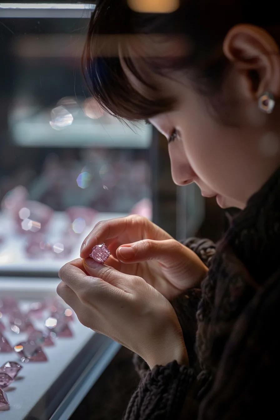 a Discerning Individual Examining Argyle Pink Diamonds in an Opulent Jewellery Boutique Highlighting the Sophisticated Allure of Diamond Investments