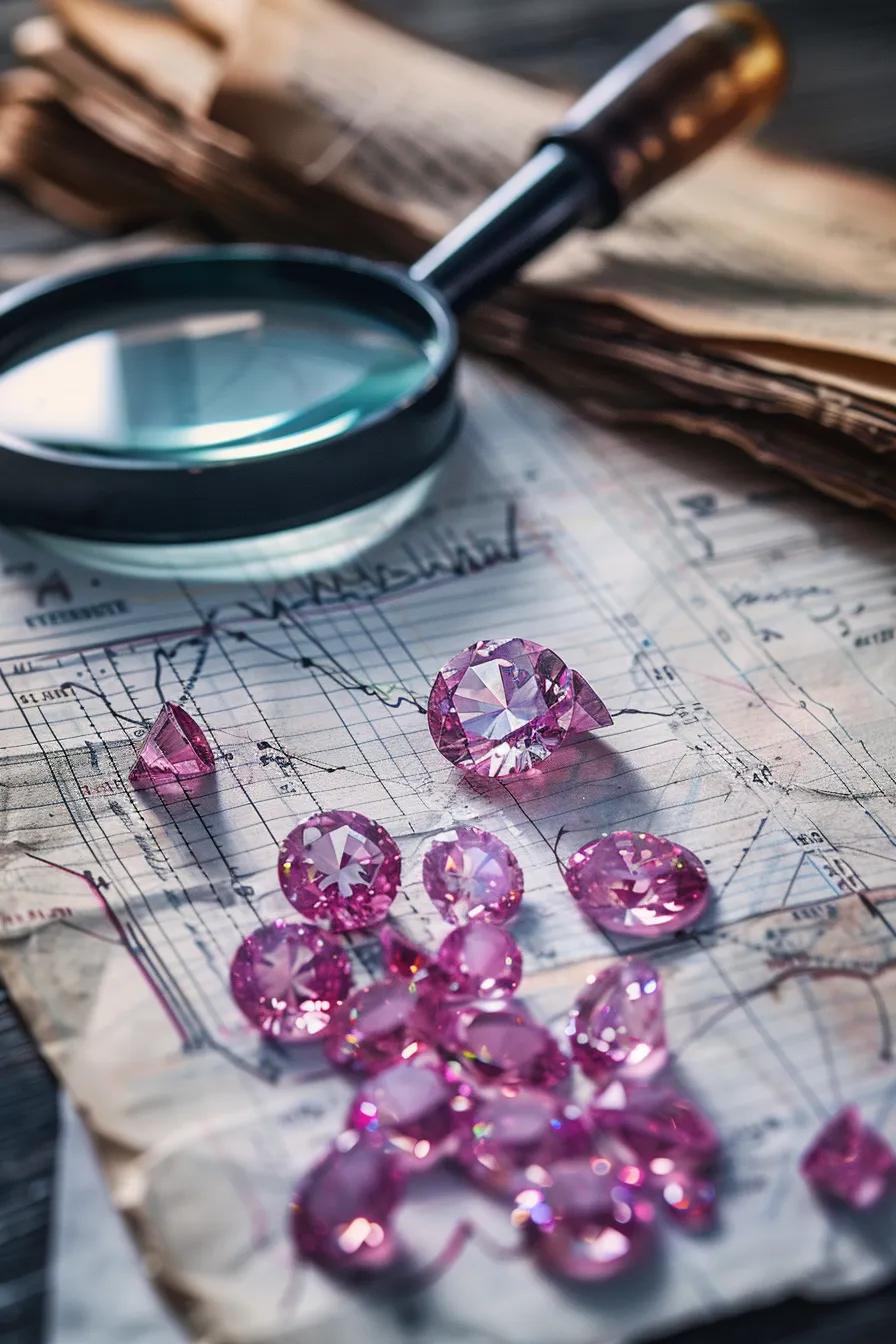 20250917-075302-b2ff392bbd5ba6ab-e9edca4b-e40f-4a16-8861-6b6b11031eef.jpg - Australian Diamond Company a Scene Depicting Market Analysis with Argyle Pink Diamonds a Magnifying Glass and Investment Notes Conveying a Sense of Opportunity