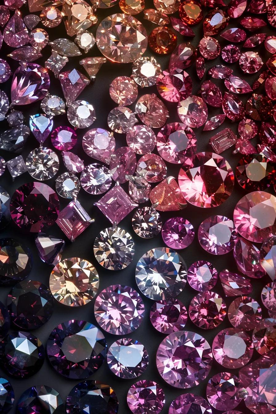 a Visual Spectrum of Argyle Pink Diamonds Artfully Arranged to Demonstrate Their Diverse Hues and Colour Intensities