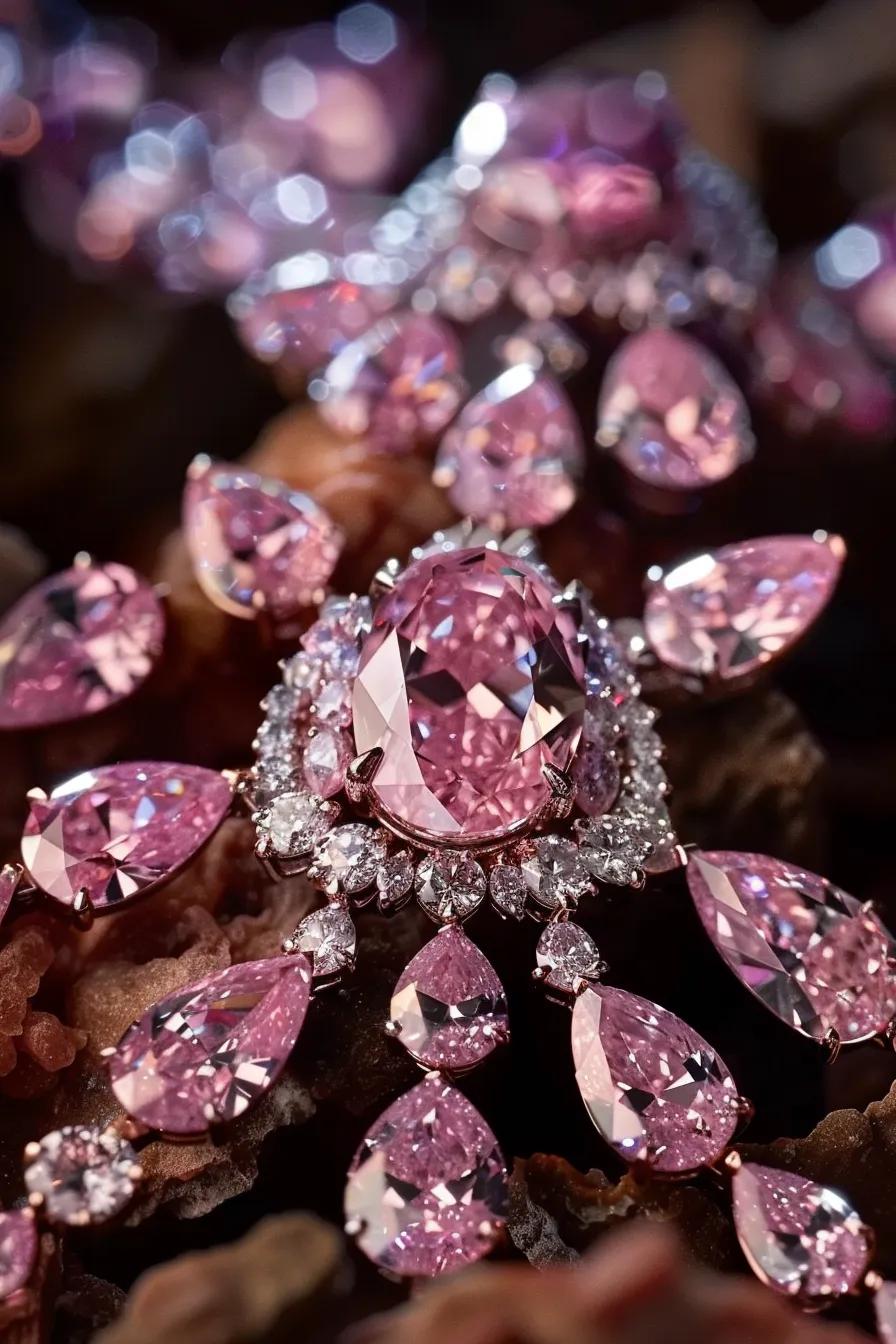 an Artistic Depiction of Iconic Pink Diamonds Set in Exquisite Jewellery Highlighting Their Rarity and Brilliance