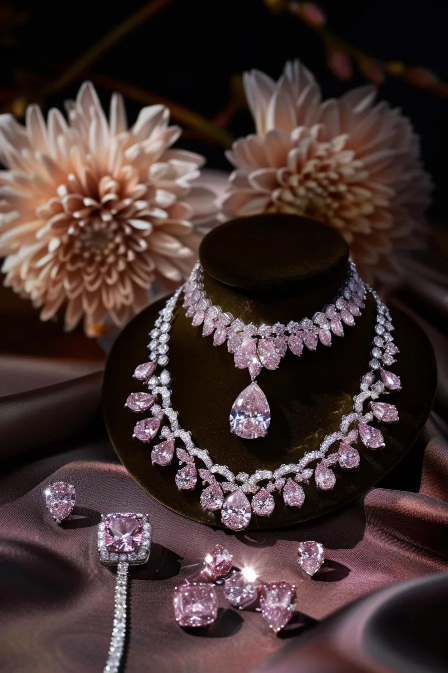 an Elegant Auction Setting Showcasing Argyle Pink Diamonds Emphasising Their Luxury and Exclusivity