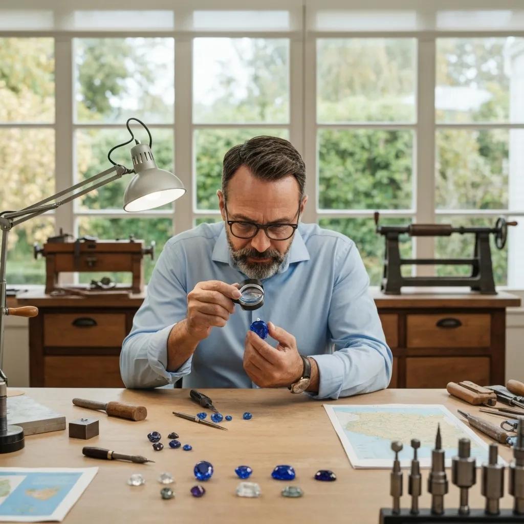229d80d8-8e09-468a-9b1d-c8f53351d0ab.jpg - Australian Diamond Company a Jeweller Examining a Loose Gemstone in a Modern Workshop Highlighting Ethical Sourcing and Quality in Melbourne's Jewellery Market