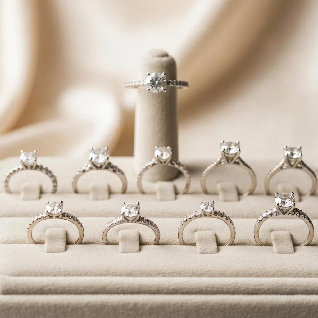 248f1c55-358c-46af-bdaf-5e15c02e07c5.jpg - Australian Diamond Company Display of Solitaire Diamond Engagement Rings in White Gold Set on a Beige Jewellery Stand