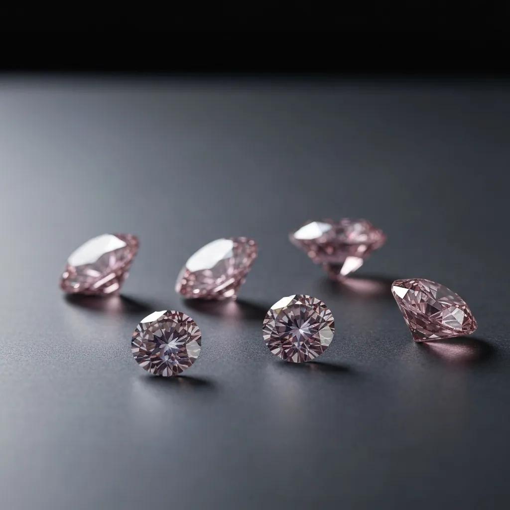 Four Argyle Pink Diamonds Displayed to Illustrate Variations in Colour Carat Clarity and Cut Set Against a Polished Wood Surface