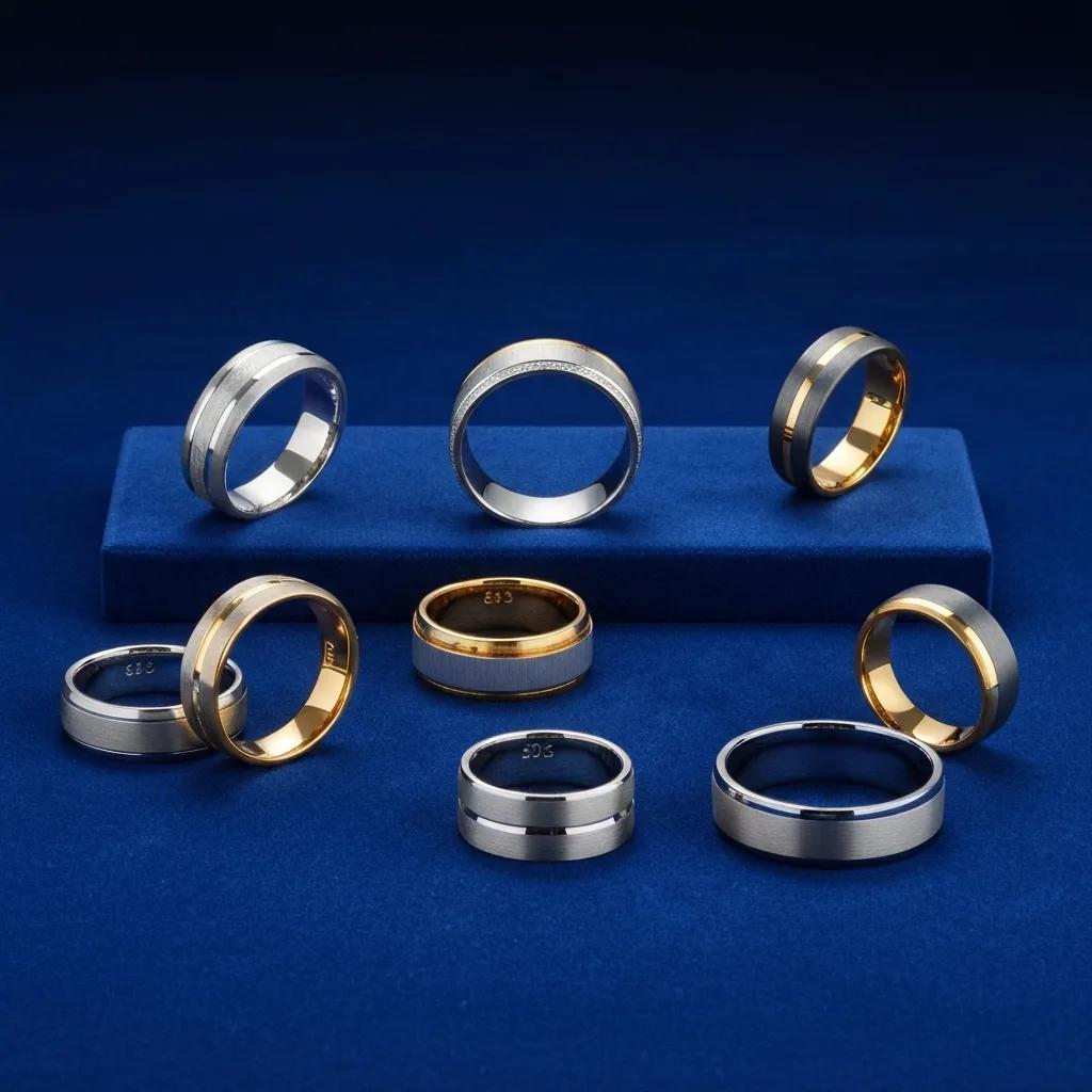 272d5190-960b-4993-8b64-521c195385b4.jpg - Australian Diamond Company Collection of Mens Wedding Bands in White Gold Yellow Gold and Two tone Designs on Navy Display