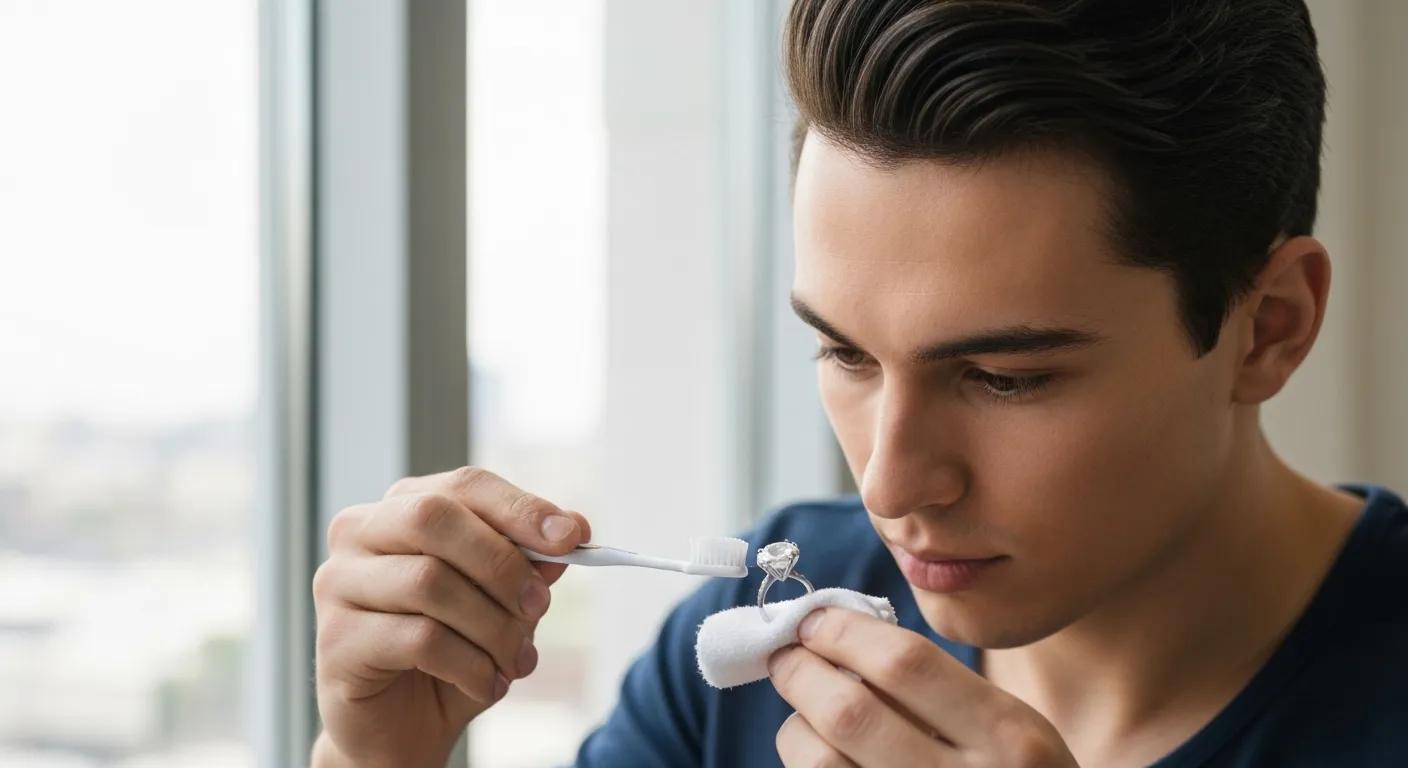 Person Cleaning an Oval Cut Diamond Engagement Ring with a Toothbrush Emphasizing Care and Maintenance Practices