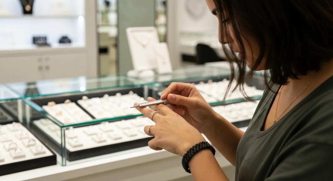 a Lady in a Jewellery Store Carefully Measuring Her Finger Size 