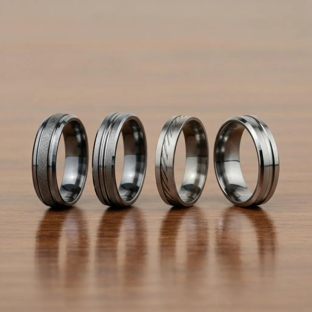 335c3ffd-0e6f-45c3-ab12-e4e01a4738e6.jpg - Australian Diamond Company Side by side Comparison of Tungsten Carbide Titanium and Stainless Steel Engagement Rings on a Wooden Surface