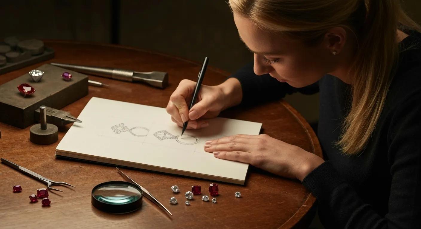 3449eacb-d7e7-49bb-a61a-525e49747539.jpg - Australian Diamond Company Artisan Jeweler Sketching a Custom Engagement Ring Design with Tools and Gemstones Visible