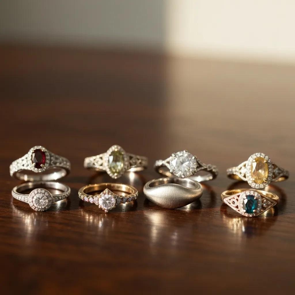 Close up of Engagement Rings Made from Platinum Gold and Palladium on a Wooden Table