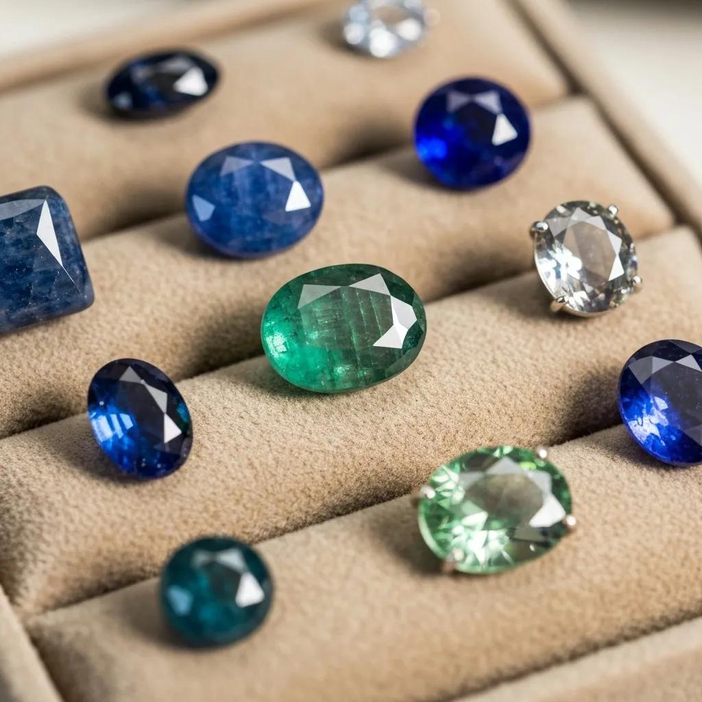 Close up of Popular Unique Gemstones for Engagement Rings Featuring Sapphires Emeralds and Morganites on a Velvet Surface