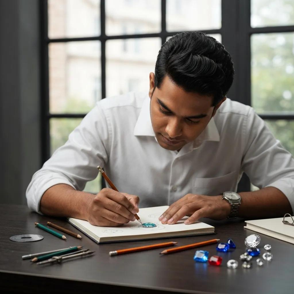 3cabe0b3-17c1-42e1-a755-285bfe531f49.jpg - Australian Diamond Company a Designer Sketching a Custom Jewellery Piece with an Aquamarine Gemstone Illustrating the Bespoke Design Process in Melbourne