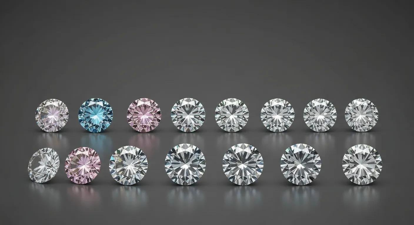 a Layout of Round Brilliant Cut Diamonds Showcasing Colour Variations on a Grey Background 