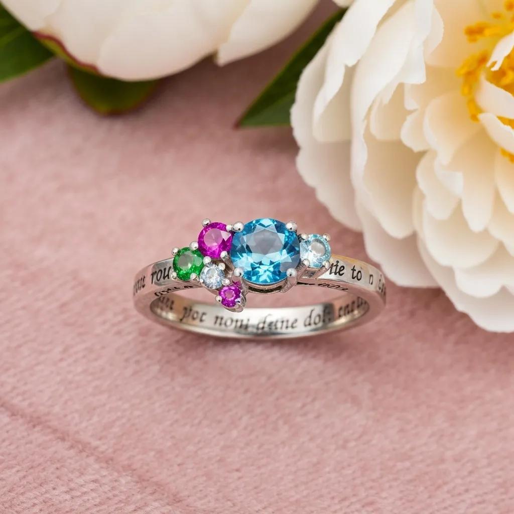 Personalised Engagement Ring with Unique Engraving and Coloured Gemstones