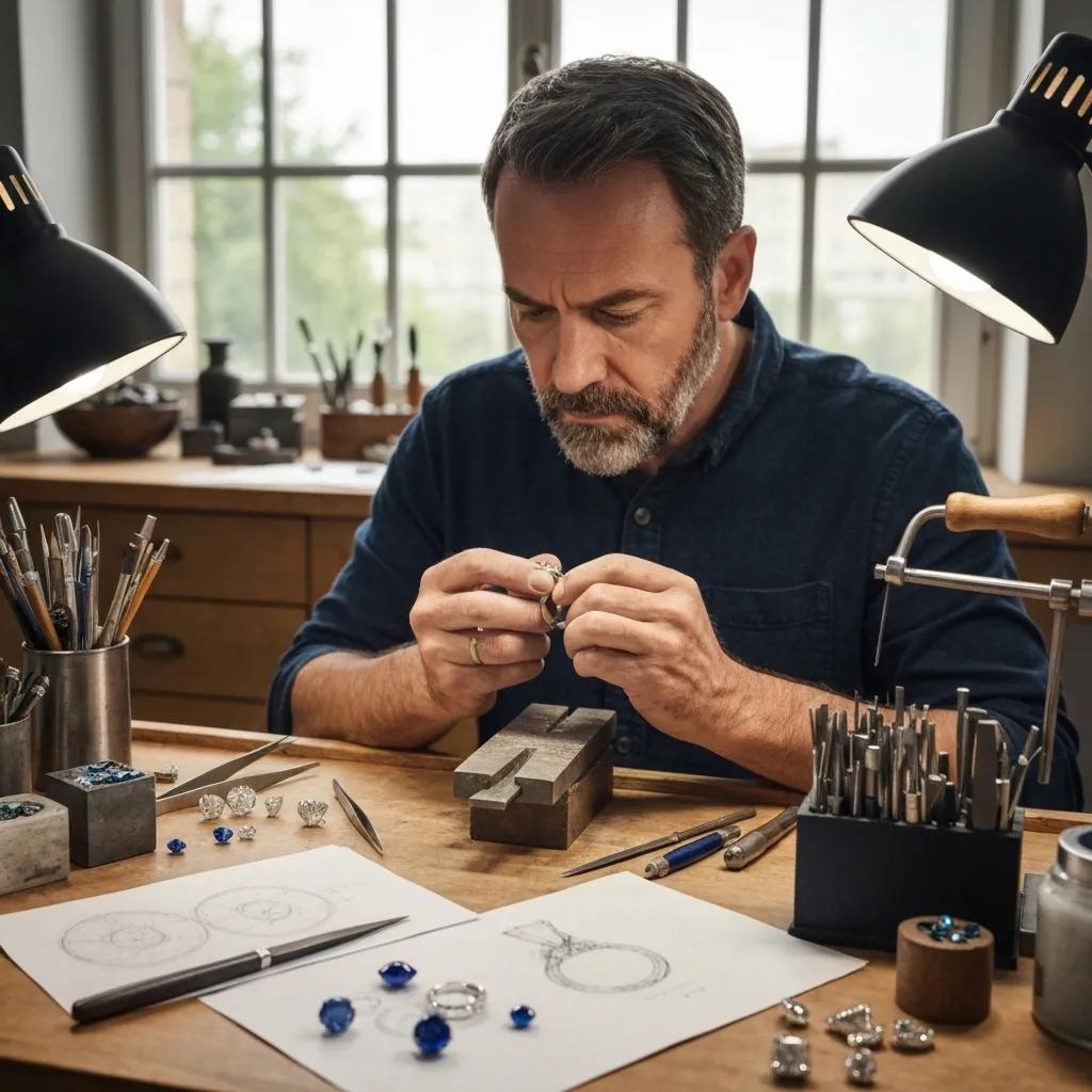 4e1ca26d-80a3-47d2-adbc-bd781e4855b0.jpg - Australian Diamond Company Artisan Jeweller Crafting a Custom Engagement Ring with Tools and Gemstones