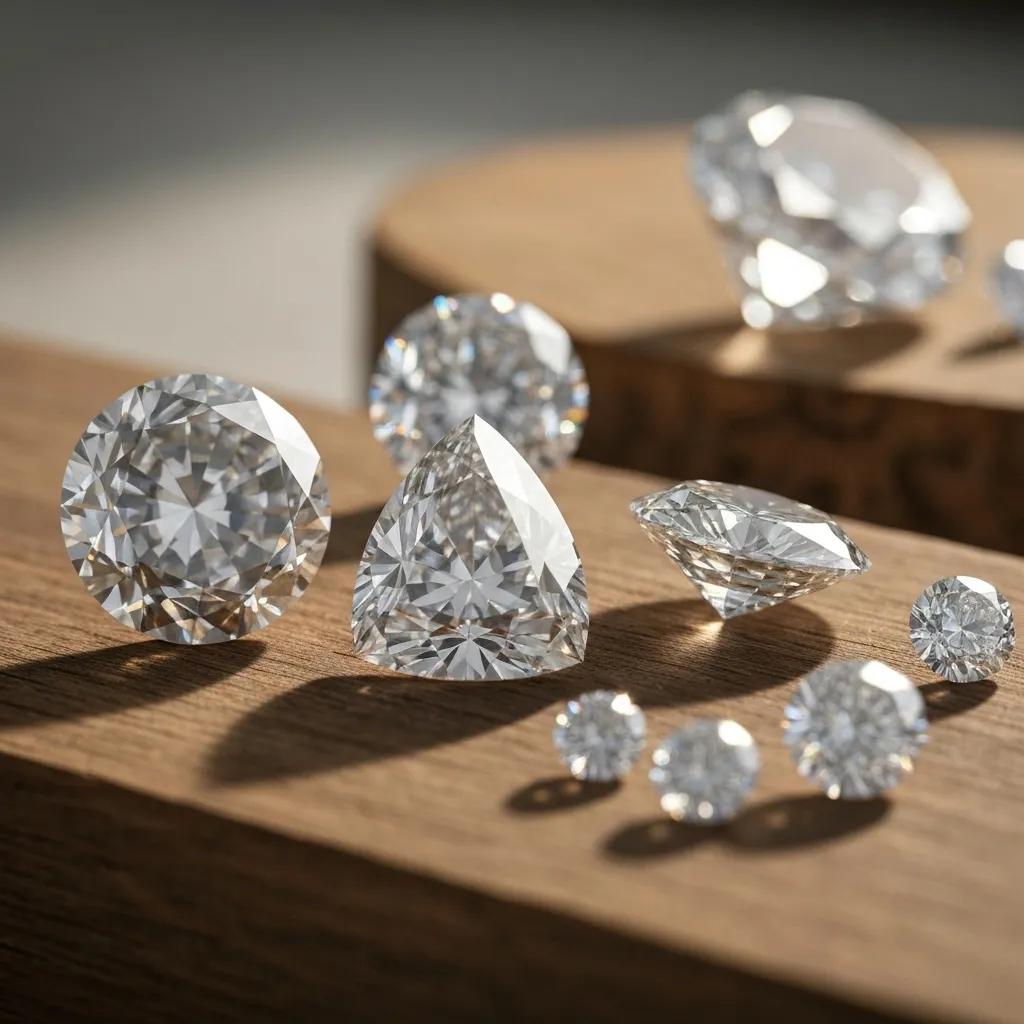 530b9f3e-4fe9-4821-b3c1-77336be670c9.jpg - Australian Diamond Company Artistic Arrangement of Lab grown Diamonds on a Wooden Surface Emphasizing Sustainability