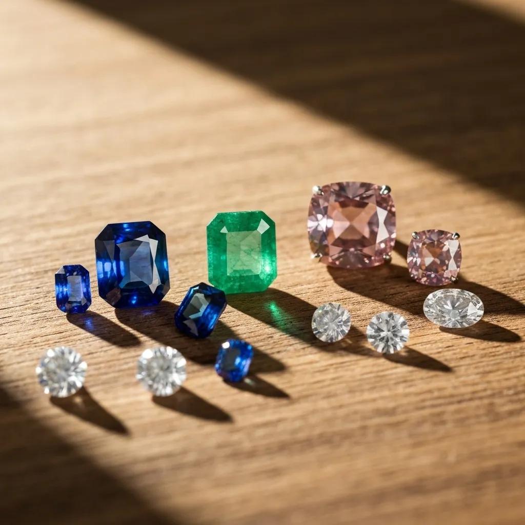 Display of Unique Gemstones for Engagement Rings Including Sapphires and Emeralds