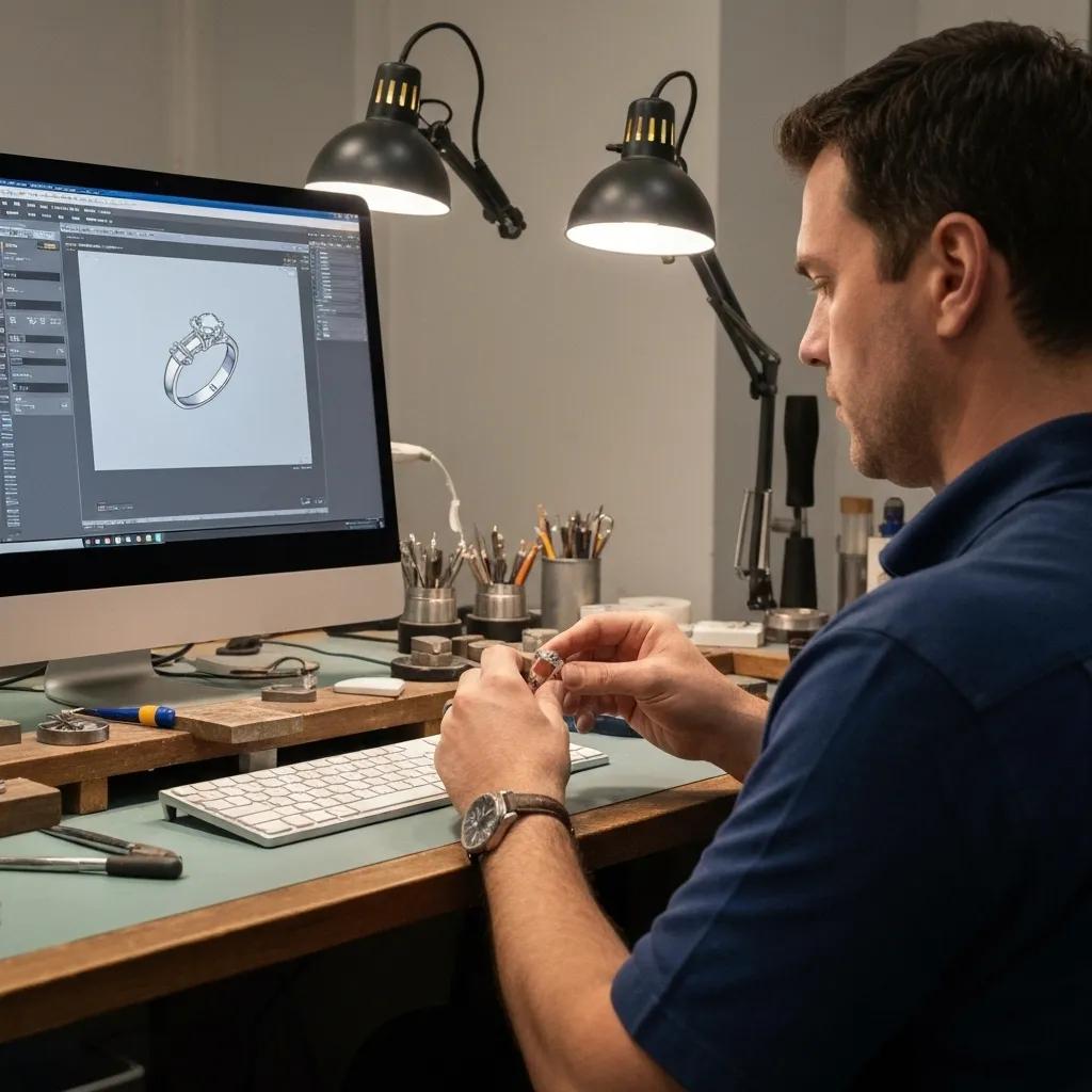 Jeweler Designing a Custom Gemstone Engagement Ring Using Cad Software in a Well lit Workspace