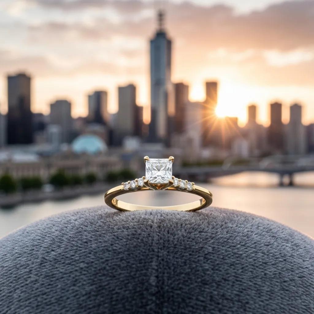 555a8bfa-b407-47ec-a75c-b95117d8d4c5.jpg - Australian Diamond Company Yellow Gold Engagement Ring with Princess Cut Diamond and Side Stones Photographed Against a City Skyline at Sunset