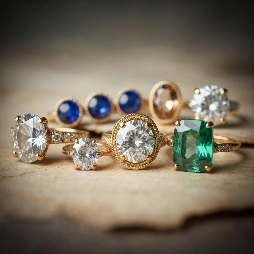 Artistic Arrangement of Vintage Gemstones and Metals Including Diamonds Sapphires and Gold