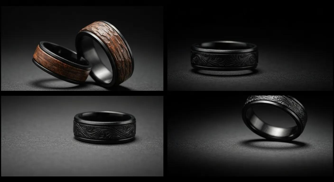 a Variety of Unique Wedding Bands Made from Alternative Materials Like Black Zirconium and Wood Showcasing Their Distinctive Styles and Textures