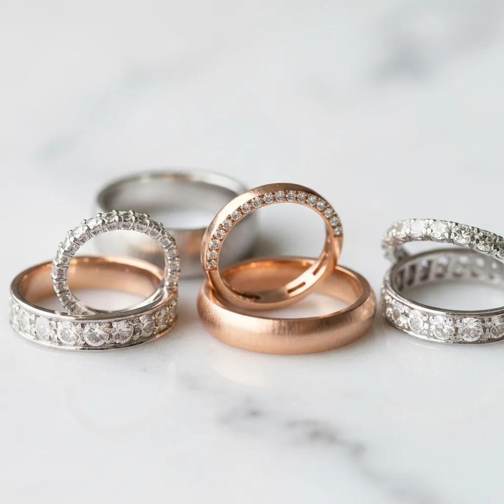 Close up of Various Eternity Bands Showcasing Different Styles and Metals