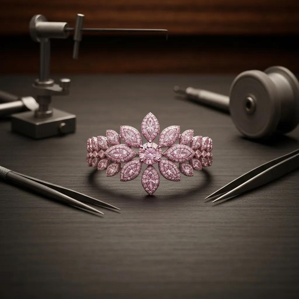 5e97ebbb-64e8-4f4a-9056-3ebca495a884.jpg - Australian Diamond Company a Bespoke Pink Diamond Jewelry Piece Displayed on a Wooden Surface Surrounded by Intricate Design Tools Highlighting the Artistry of Craftsmanship