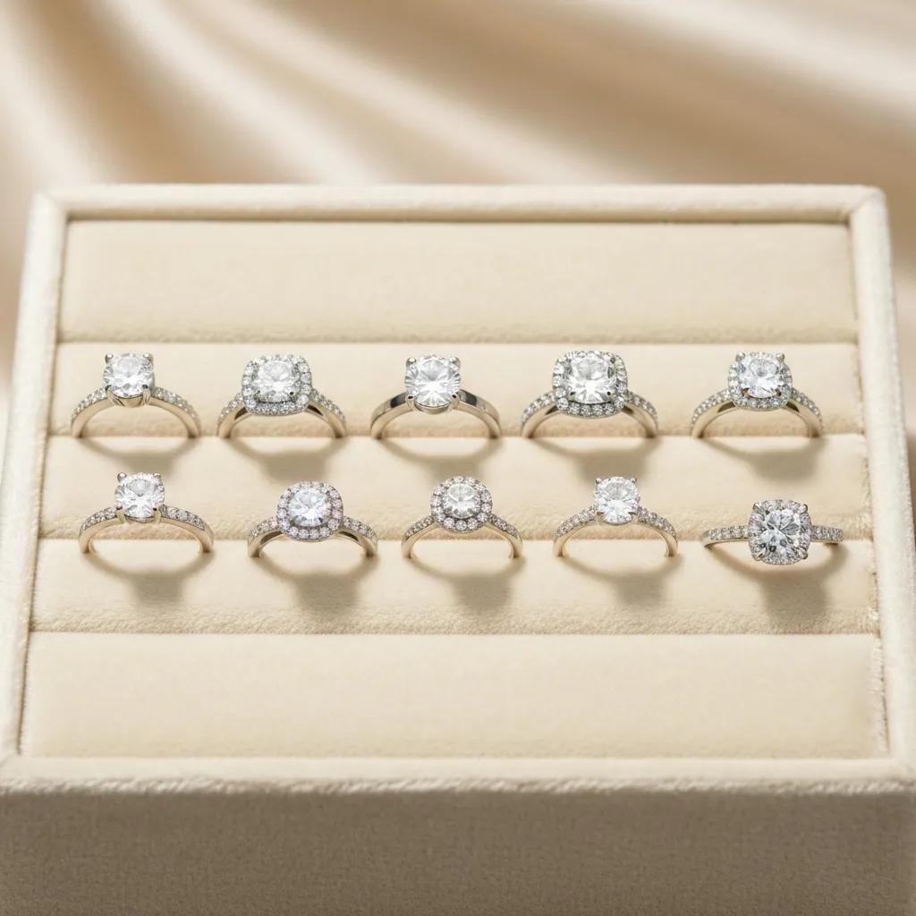 5f0e138c-2afc-429f-87d8-e7534139fa6d.jpg - Australian Diamond Company a Collection of Engagement Rings Showcasing Different Styles Including Solitaire Halo and Three stone Designs