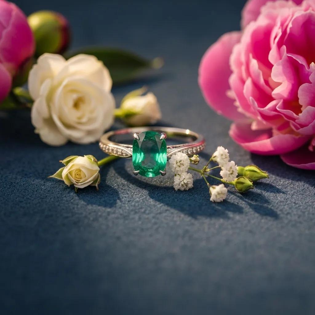 64bca263-4d9c-477a-8dda-7037f53404de.jpg - Australian Diamond Company White Gold Engagement Ring with Oval Green Emerald Center Stone and Diamond Band Styled with Flowers