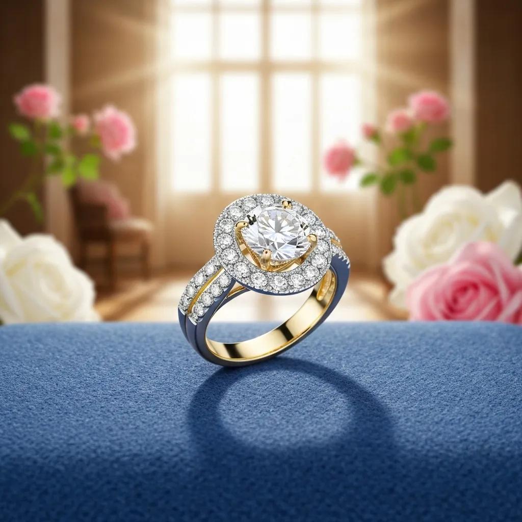 Yellow Gold Engagement Ring with Round Brilliant Diamond Halo Setting Displayed Against Floral Background