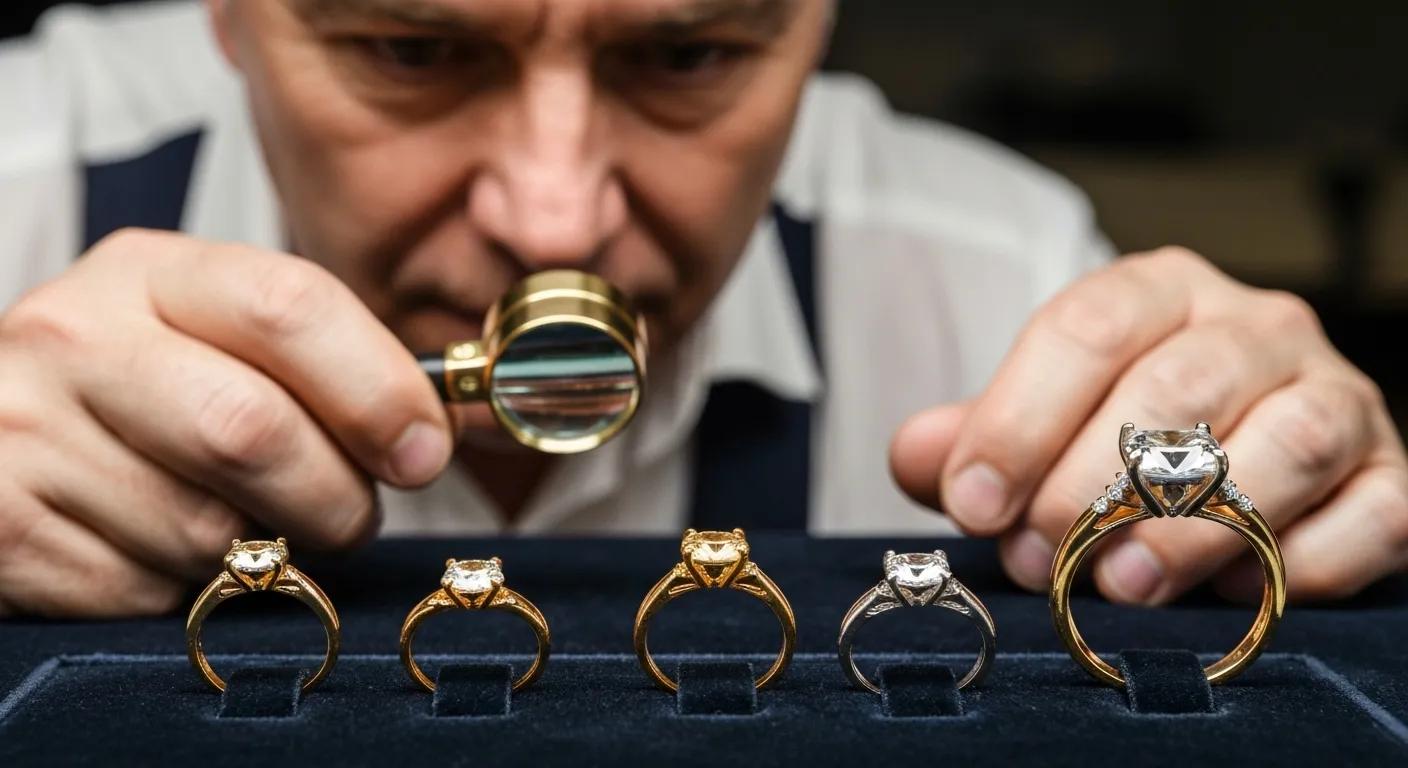 Jeweler Examining Gold and White Gold Engagement Rings to Highlight Durability and Maintenance Differences