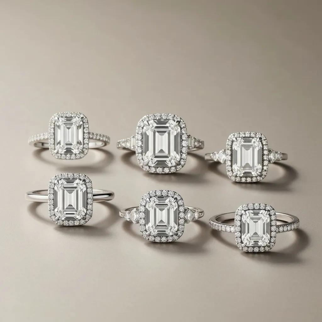 69f23480-7a7c-4d70-b40c-8c48339d713a.jpg - Australian Diamond Company Variety of Engagement Ring Settings Showcasing Emerald Cut Diamonds in Different Styles