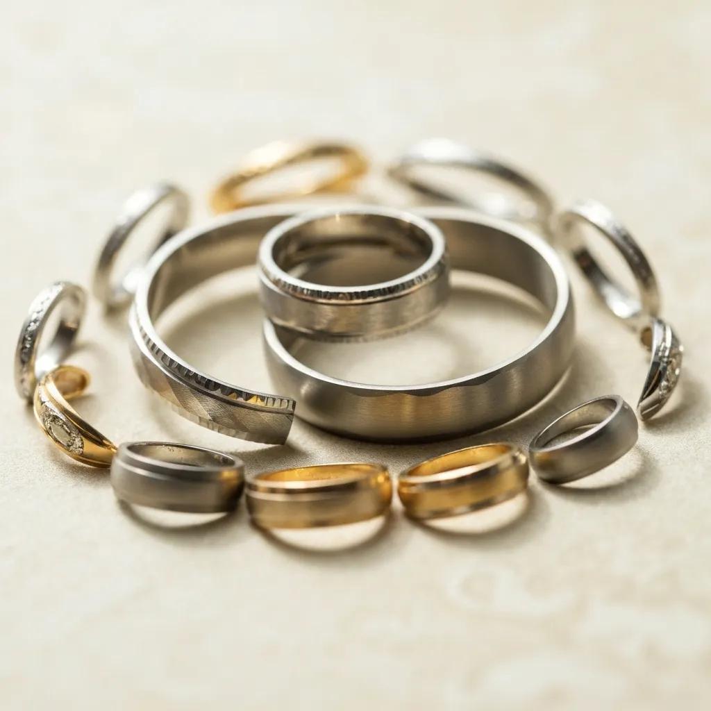 a Collection of Wedding Bands Made from Platinum Gold and Titanium Showcasing Their Unique Textures and Colors