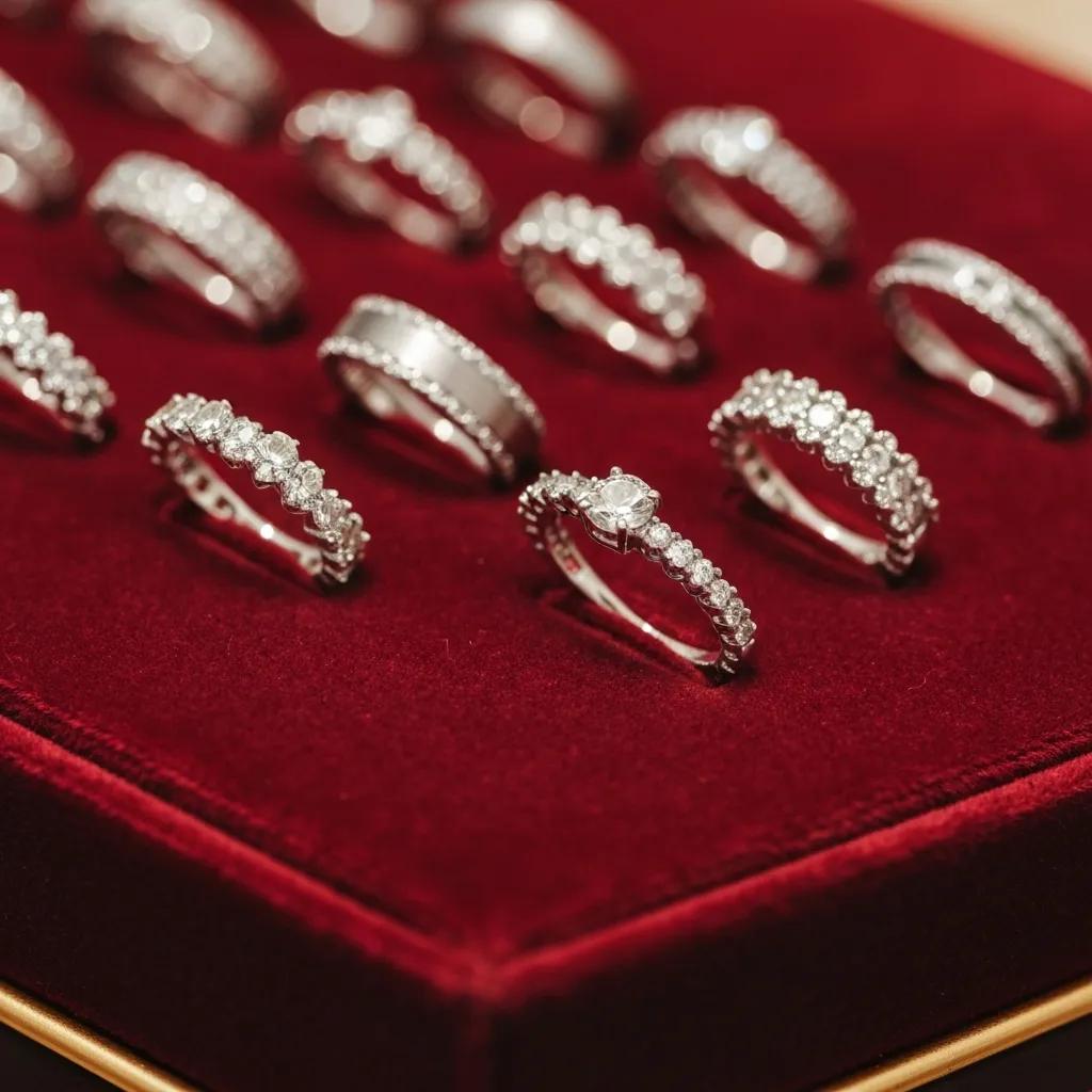 Display of Diamond Wedding and Engagement Rings in White Gold Set on a Red Velvet Tray