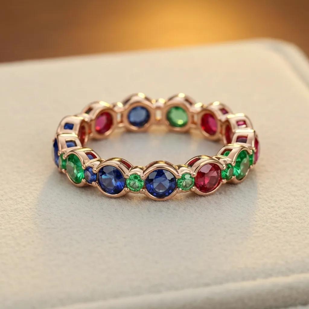 73b189a8-8849-4ead-8511-e8ba2d31d07f.jpg - Australian Diamond Company Rose Gold Eternity Band Set with Alternating Blue Sapphires Green Emeralds and Red Rubies