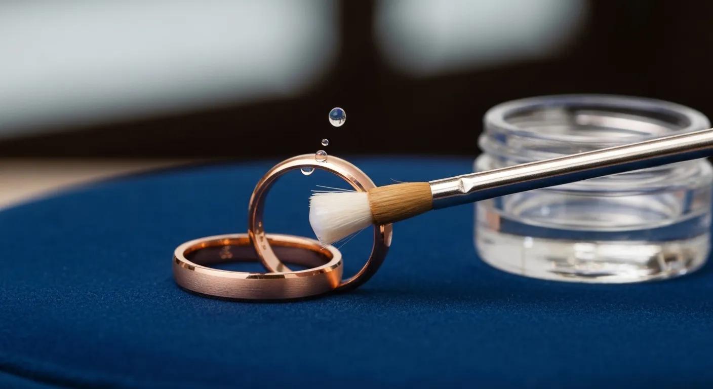 a Scene Illustrating the Careful Cleaning Process for a Rose Gold Wedding Band Featuring Cleaning Supplies