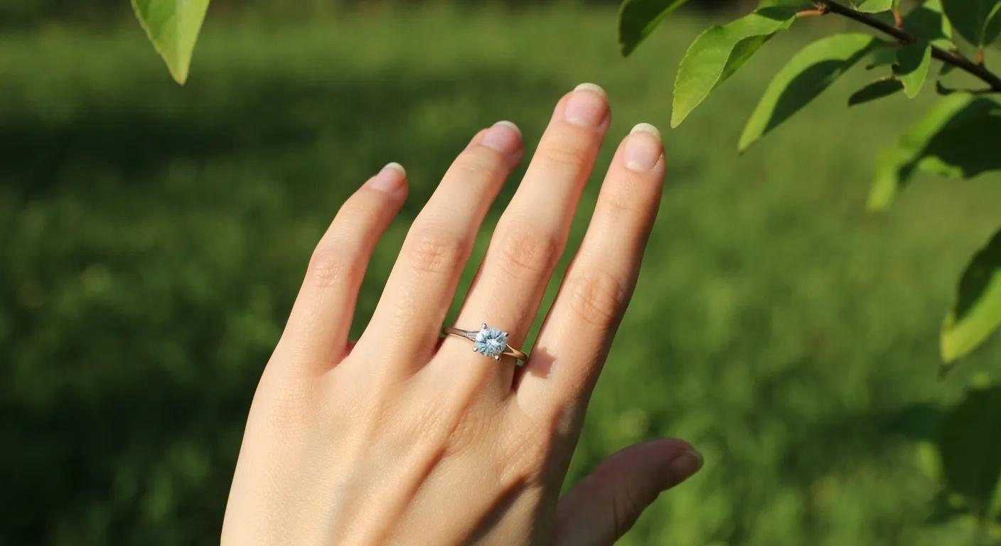 8175b4b0-e1b4-40f8-b1dd-cd88c2171ad5.jpg - Australian Diamond Company Hand Wearing a Hypoallergenic Platinum Engagement Ring in a Natural Setting