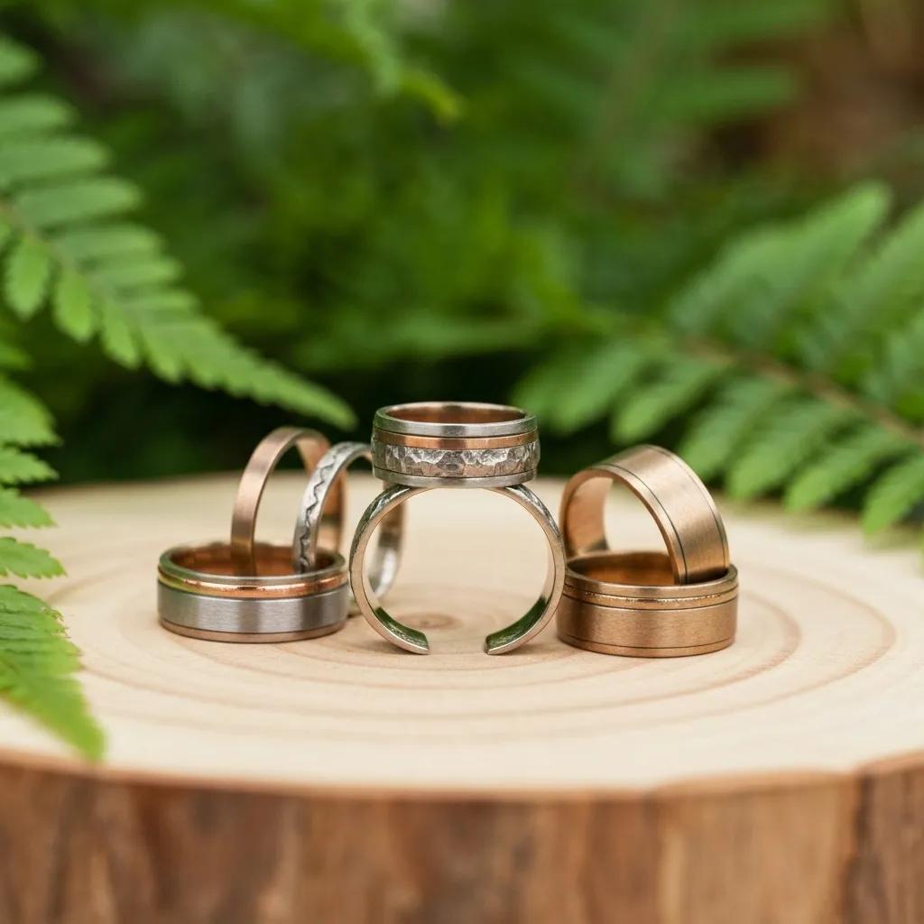 Ethically Sourced Wedding Bands Made from Recycled Metals on a Wooden Surface