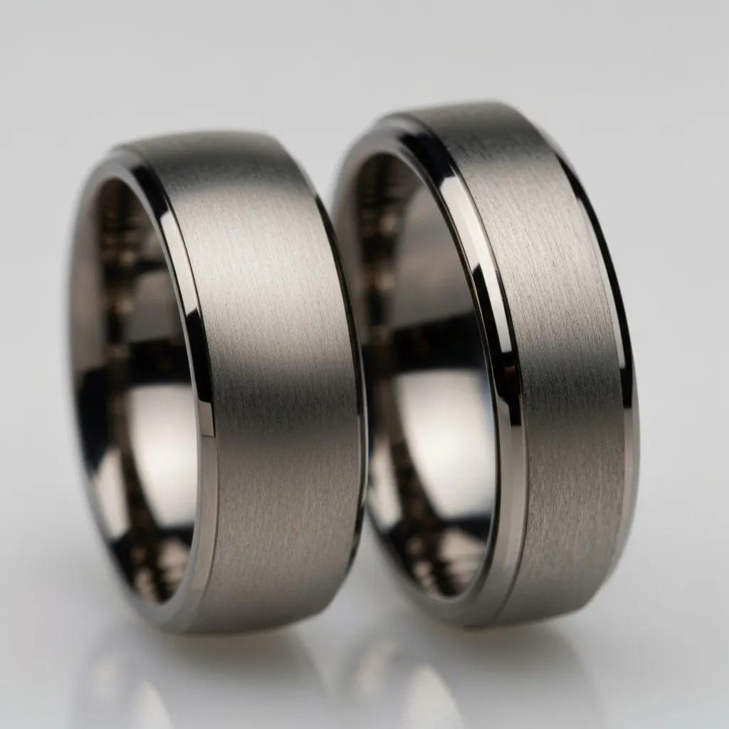 Close up of Tungsten Carbide and Ceramic Wedding Bands Showcasing Scratch Resistance