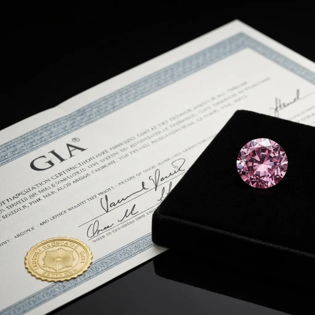 895d6676-b21f-4c3a-9425-ef90f41bcce8.jpg - Australian Diamond Company a Gia Certification Document Lies Beside a Magnificent Argyle Pink Diamond Visually Demonstrating the Rigorous Process of Authenticity Verification